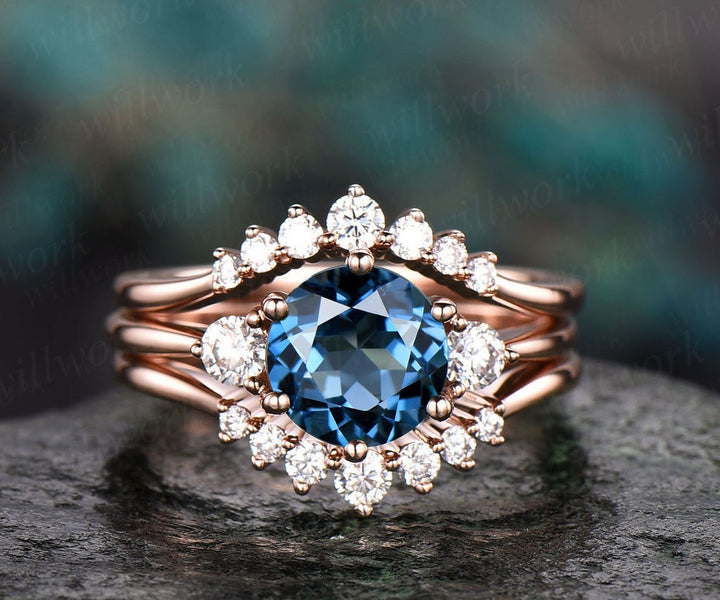 3pcs London blue topaz engagement ring set rose gold topaz ring vintage white gold moissanite matching stack women wedding bridal ring set