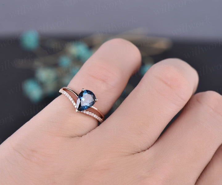 Pear London blue topaz engagement ring solid 14k rose gold ring split shank diamond ring 6x8mm topaz ring vintage gold women wedding ring