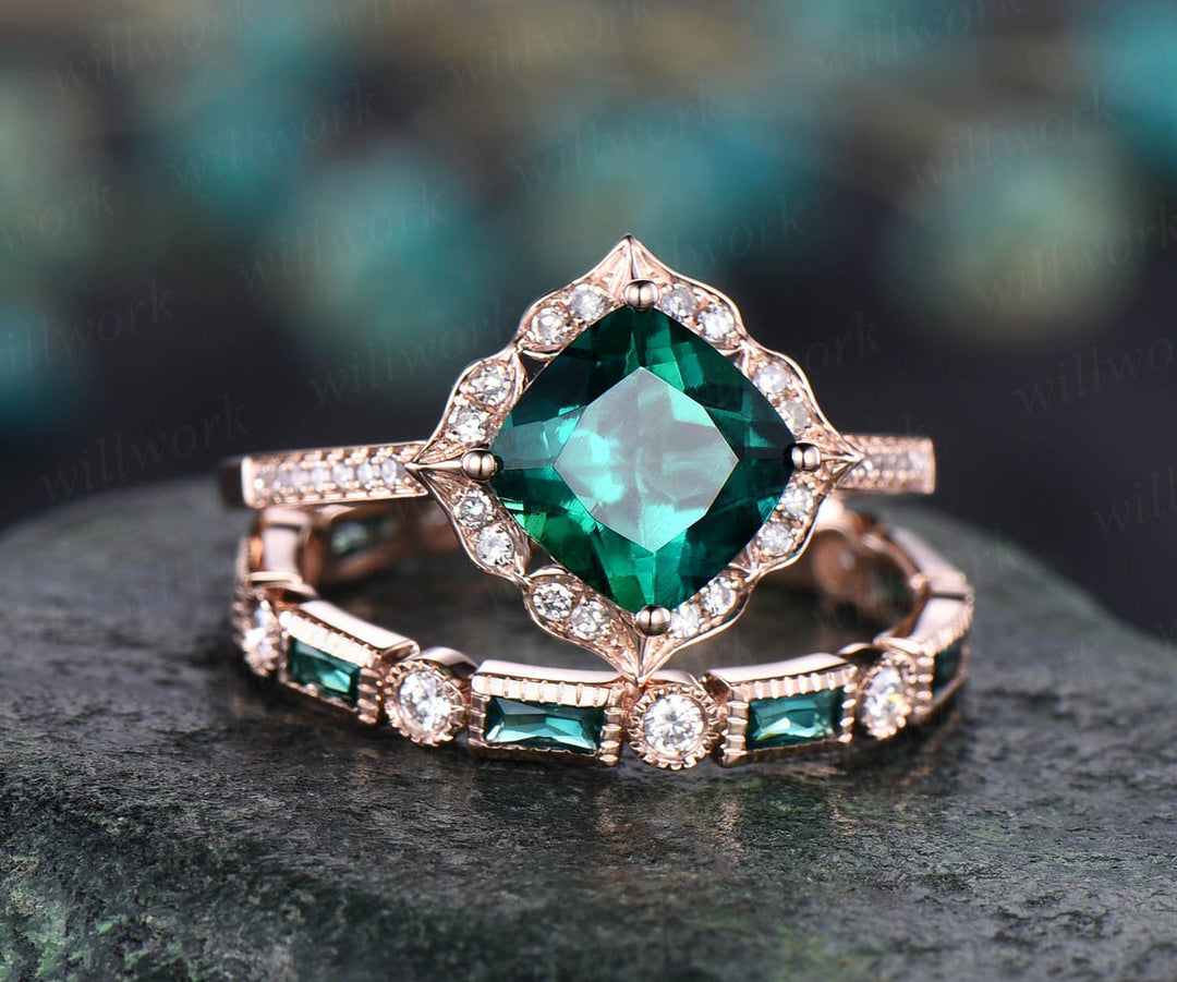 Green emerald engagement ring set white rose gold 2pc flower diamond halo full eternity emerald matching May birthstone bridal wedding ring