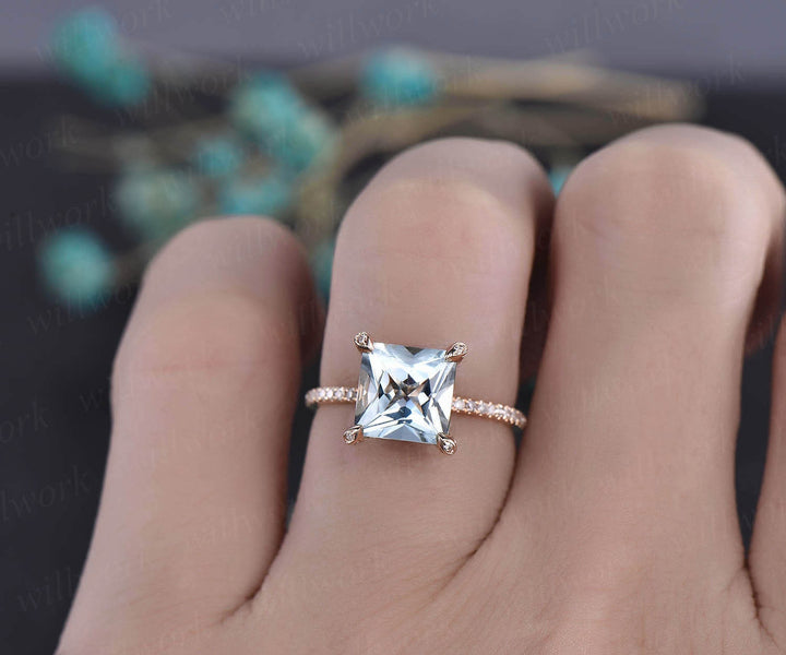 Princess cut aquamarine engagement ring 14k rose gold diamond halo basket ring natural aquamarine ring vintage March birthstone wedding ring