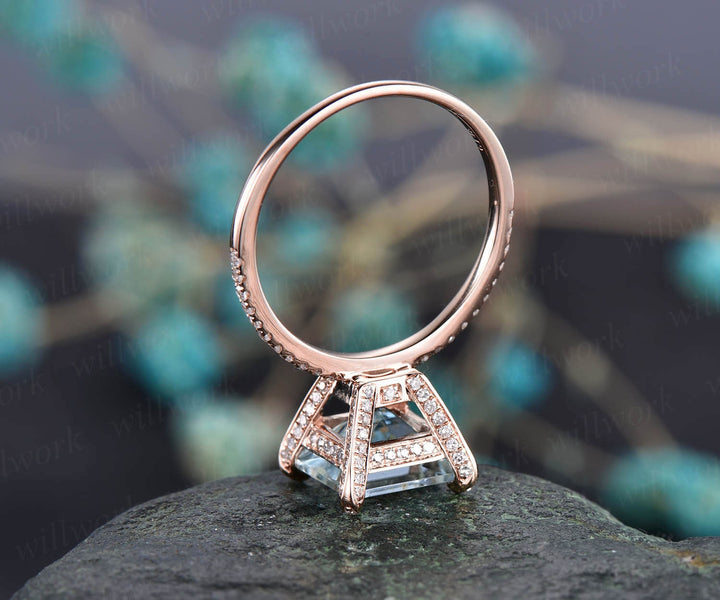 Princess cut aquamarine engagement ring 14k rose gold diamond halo basket ring natural aquamarine ring vintage March birthstone wedding ring
