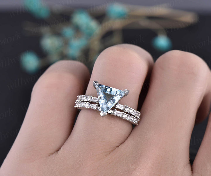 2pcs trillion cut aquamarine engagement ring set 14k white gold real diamond vintage antique unique March birthstone wedding bridal ring set