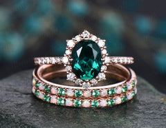 3pcs natural emerald opal wedding band Halo cluster moissanite halo ring emerald engagement ring set rose gold vintage women bridal ring set