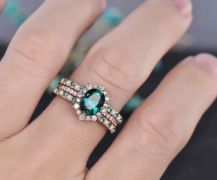 3pcs natural emerald opal wedding band Halo cluster moissanite halo ring emerald engagement ring set rose gold vintage women bridal ring set