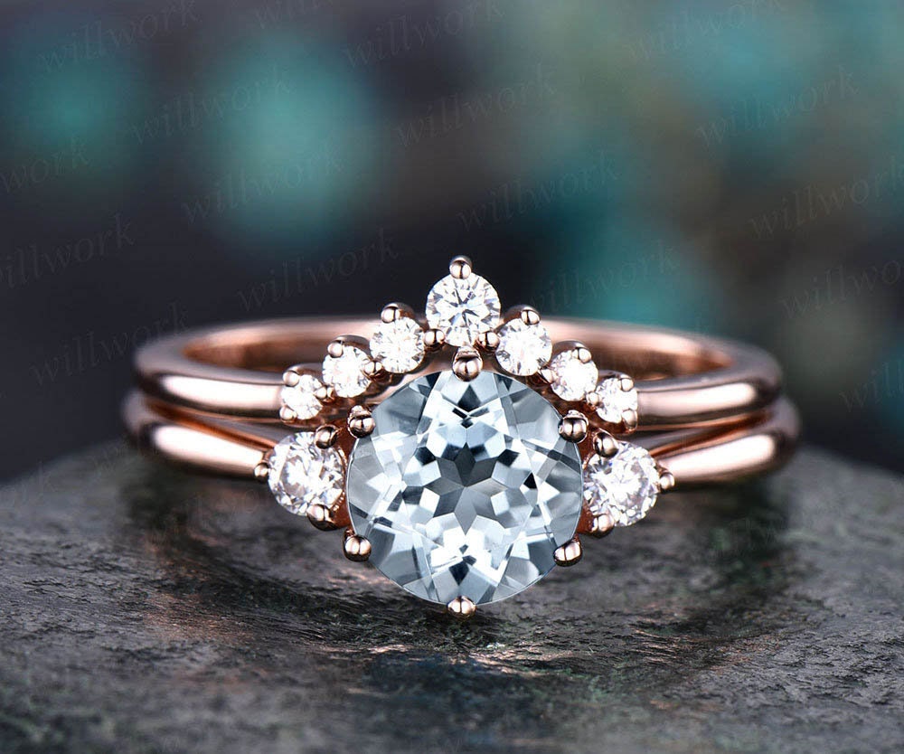 Round aquamarine ring set vintage aquamarine engagement ring set rose gold ring set moissanite ring set for women March birthstone ring gift