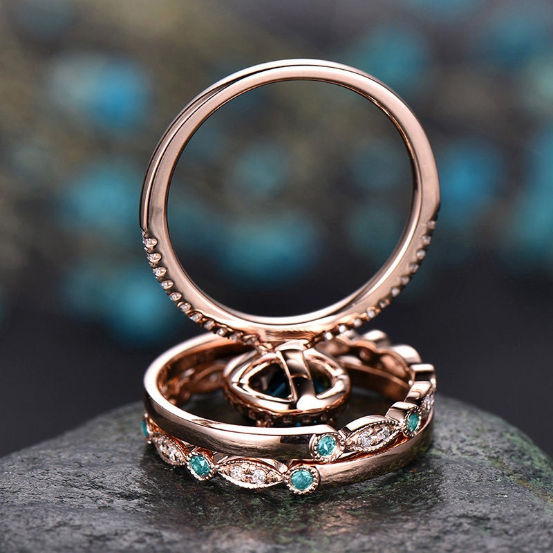 Oval cut Alexandrite engagement ring set vintage rose gold ring set marquise ring set unique wedding ring set diamond ring set women jewelry