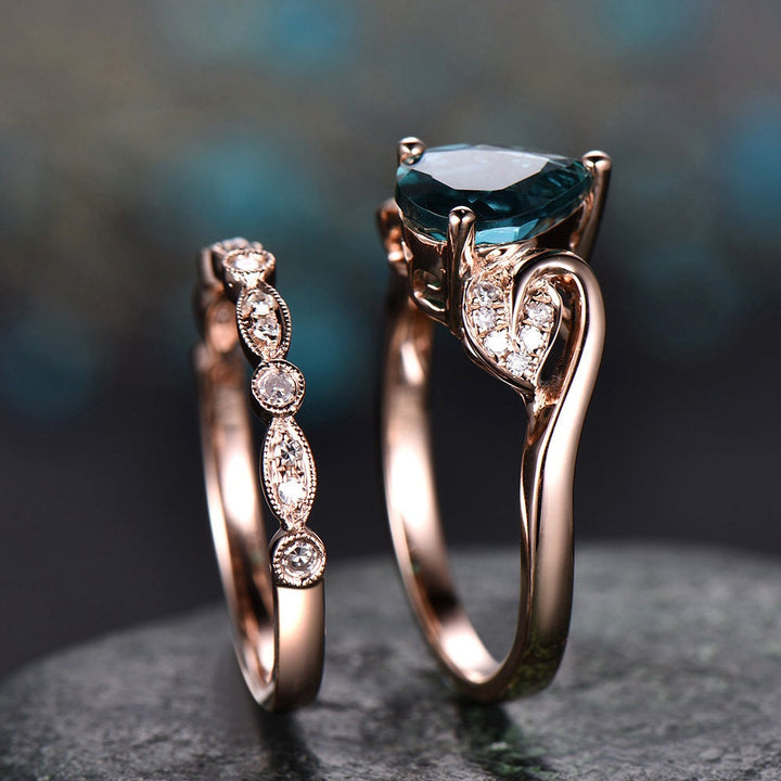 2pcs flower antique diamond ring Alexandrite engagement ring rose gold ring art deco color change Alexandrite ring vintage bridal ring set