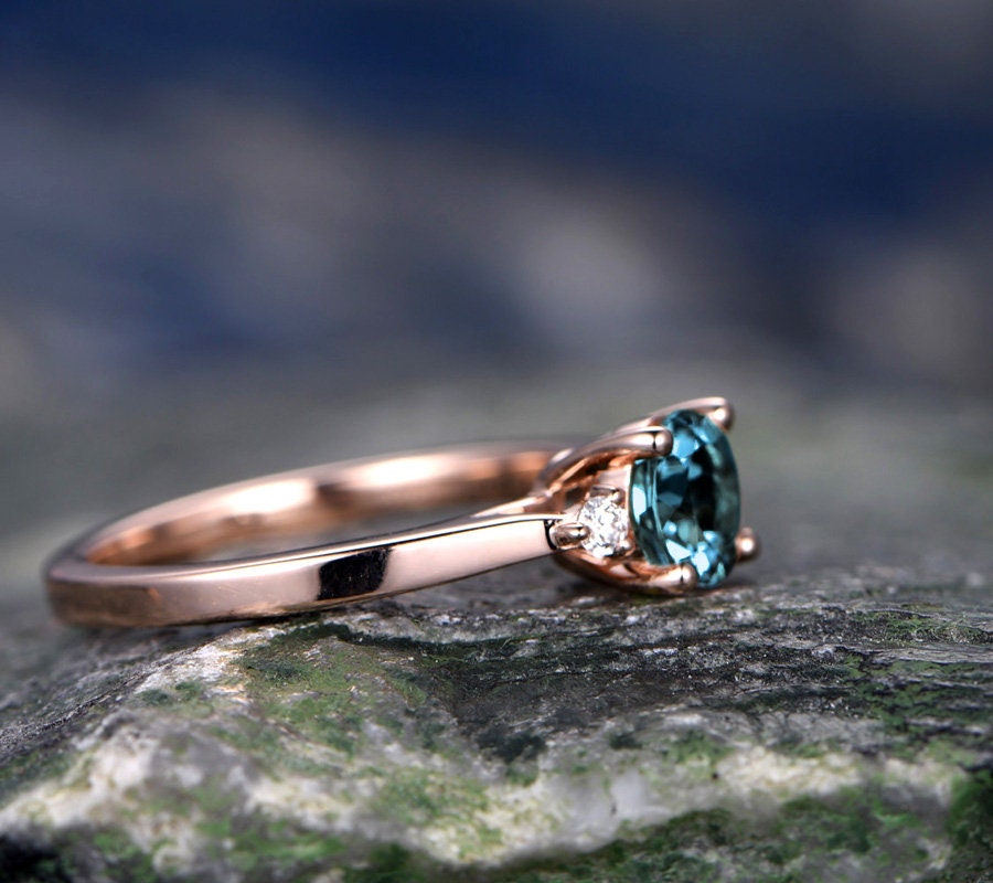 Round Alexandrite engagement ring rose gold three stone engagement ring real diamond ring Alexandrite ring gold anniversary gift for her