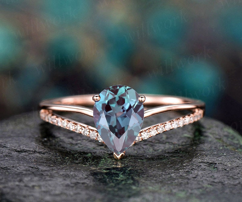 6X8mm Pear Alexandrite engagement ring rose gold diamond ring split shank stacking band gift unique antique wedding promise anniversary ring