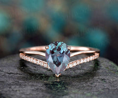 6X8mm Pear Alexandrite engagement ring rose gold diamond ring split shank stacking band gift unique antique wedding promise anniversary ring