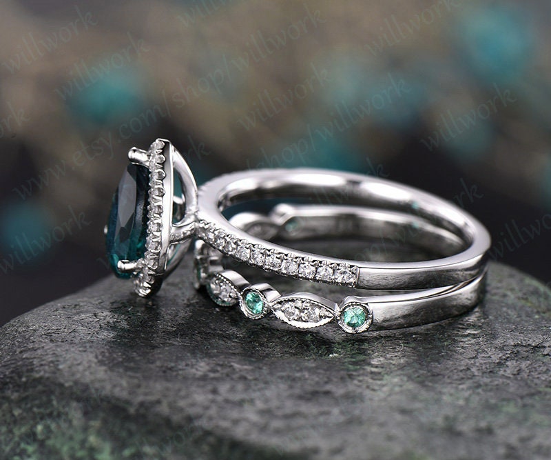 Diamond halo ring Alexandrite engagement ring set white gold natural emerald wedding bridal ring set marquise stacking matching promise ring