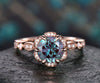 Unique round cut Alexandrite engagement ring rose gold art deco 6 prong Milgrain under halo diamond ring vintage promise wedding ring women