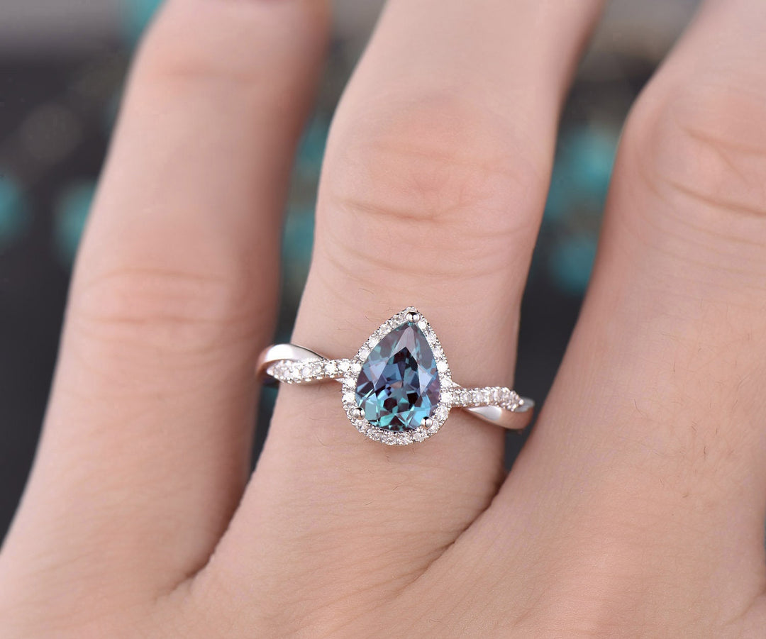 Unique pear shaped Alexandrite engagement ring 14k rose gold halo diamond ring vintage dainty infinity twisted bridal wedding ring for women