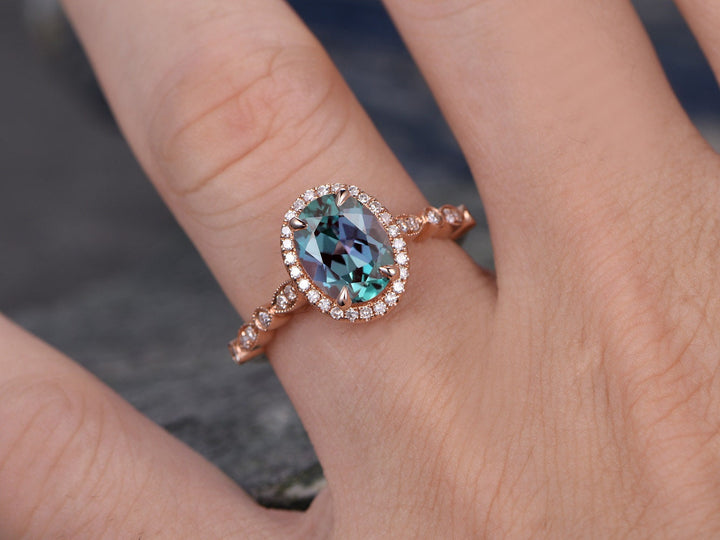 Art deco diamond halo ring oval cut alexandrite engagement ring rose gold marquise color change alexandrite June birthstone anniversary ring