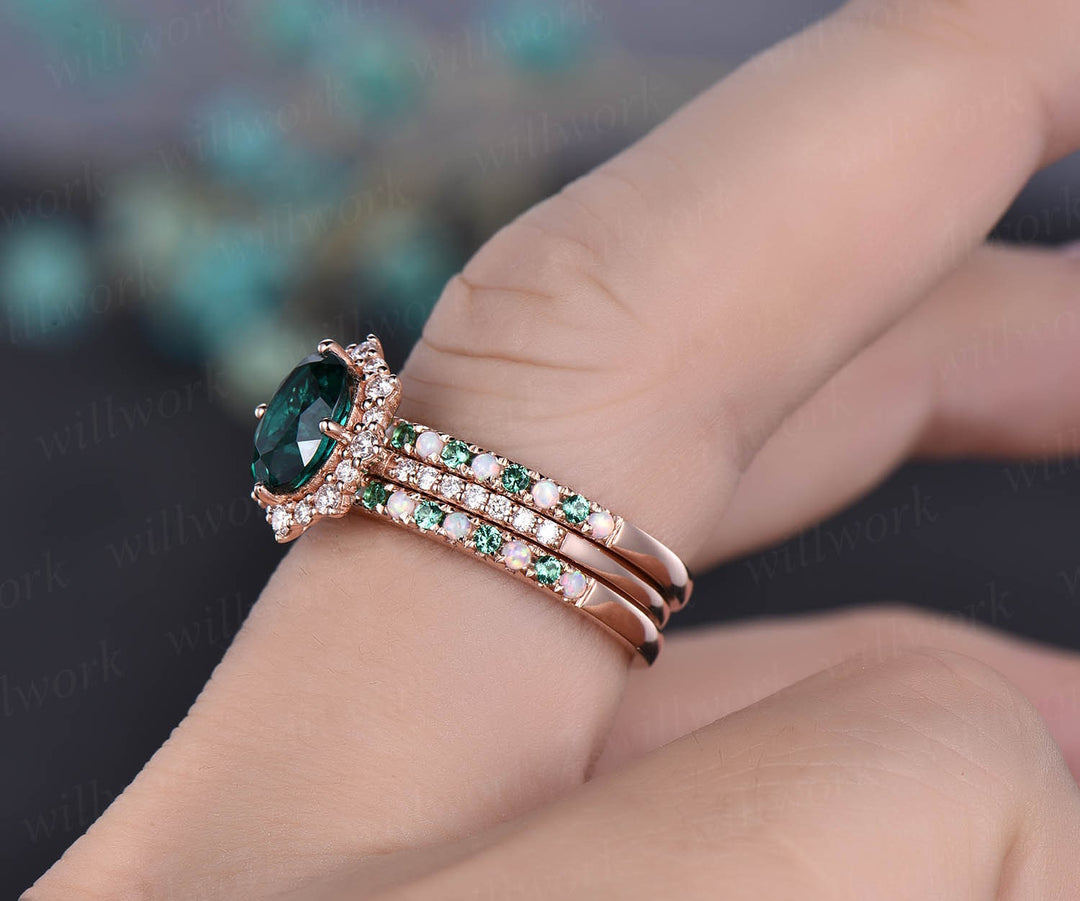3pcs natural emerald opal wedding band Halo cluster moissanite halo ring emerald engagement ring set rose gold vintage women bridal ring set