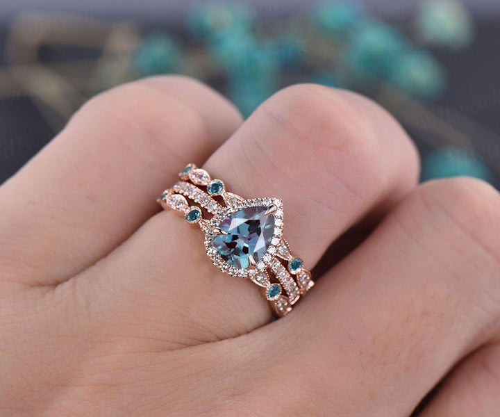 Pear shaped alexandrite engagement ring set vintage alexandrite bridal set art deco diamond halo ring set June birthstone ring for women