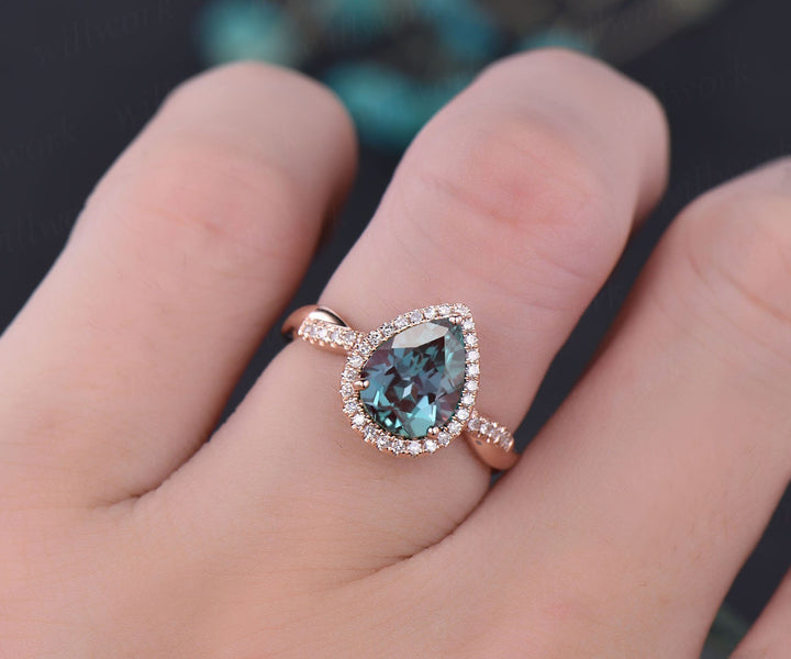 Pear shaped Alexandrite engagement ring 14k rose gold diamond halo ring infinity diamond ring June birthstone ring women anniversary gift
