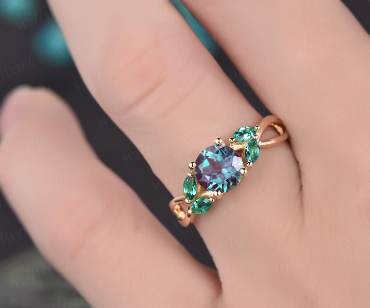 Unique engagement ring vintage engagement ring Alexandrite engagement ring white gold marquise emerald ring gold wedding anniversary gift