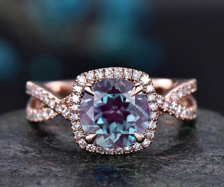 Unique infinity diamond halo ring round Alexandrite engagement ring rose gold color change Alexandrite ring gold anniversary ring for women