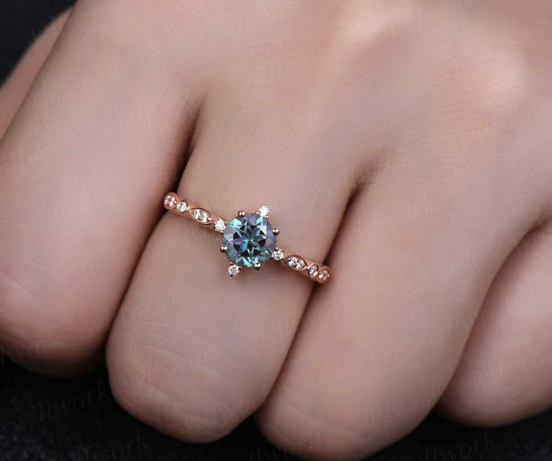 Unique art deco diamond ring Alexandrite engagement ring rose gold Alexandrite ring vintage marquise wedding bridal promise anniversary ring