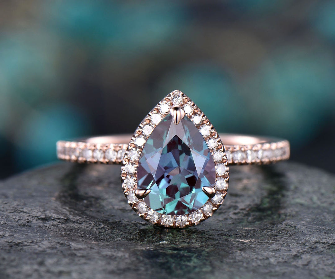 Unique pear shaped Alexandrite engagement ring 14k rose gold halo diamond ring vintage dainty wedding ring for women June birthstone ring