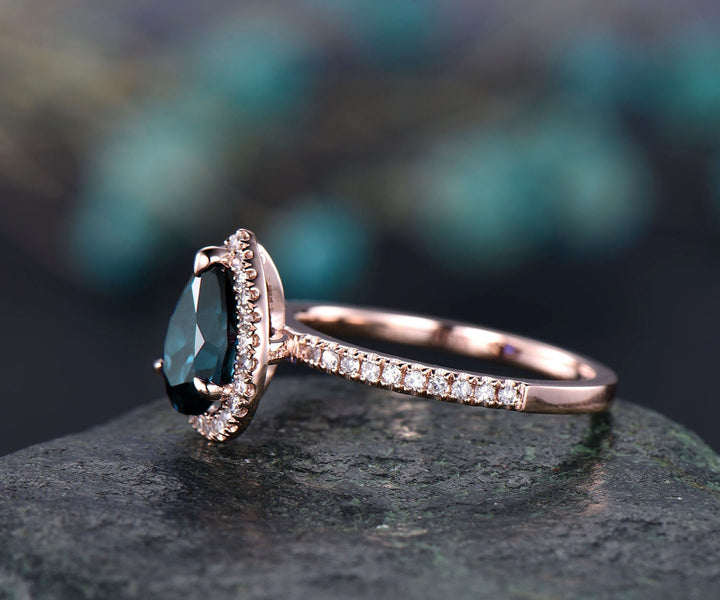 Unique pear shaped Alexandrite engagement ring 14k rose gold halo diamond ring vintage dainty wedding ring for women June birthstone ring