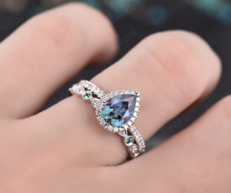 Diamond halo ring Alexandrite engagement ring set white gold natural emerald wedding bridal ring set marquise stacking matching promise ring