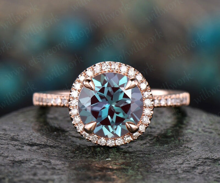 Diamond halo ring unique Alexandrite engagement ring rose gold 8mm round cut Alexandrite ring vintage June birthstone ring anniversary ring