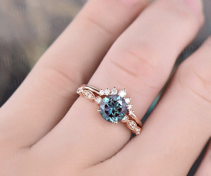 Art Deco 2Pcs Alexandrite engagement ring rose gold women Vintage diamond ring Unique jewelry wedding bridal ring Anniversary gift for her