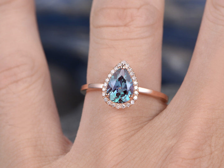 Pear cut Alexandrite engagement ring rose gold ring real diamond halo ring color change Alexandrite ring for women anniversary jewelry gift