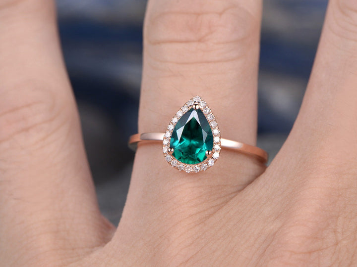 Pear cut emerald engagement ring rose gold real diamond halo ring May birthstone ring emerald wedding ring anniversary ring jewelry gift