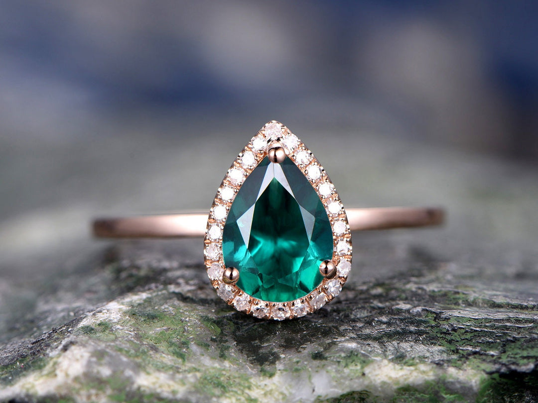 Pear cut emerald engagement ring rose gold real diamond halo ring May birthstone ring emerald wedding ring anniversary ring jewelry gift