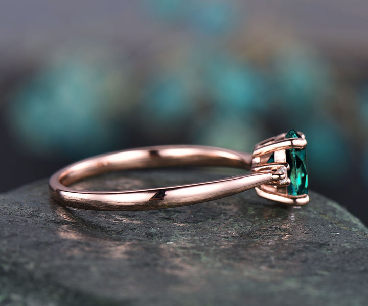 Oval emerald engagement ring for women rose gold three stone engagement ring real diamond ring May birthstone ring vintage anniversary gift