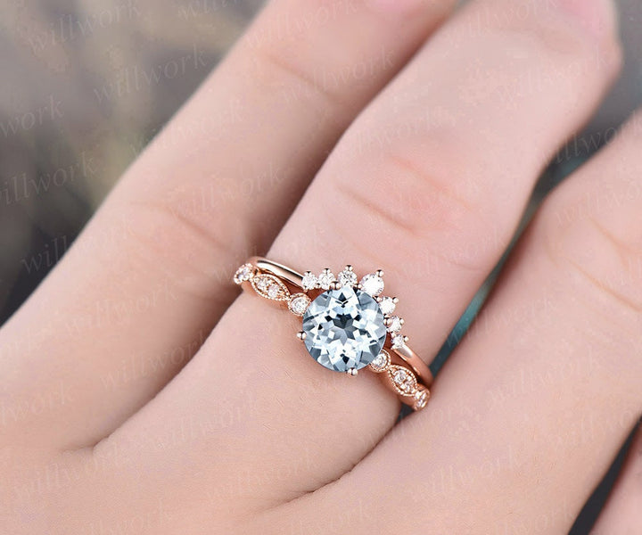 2pc aquamarine ring gold vintage aquamarine engagement ring set rose gold marquise diamond crown matching stacking wedding bridal ring set