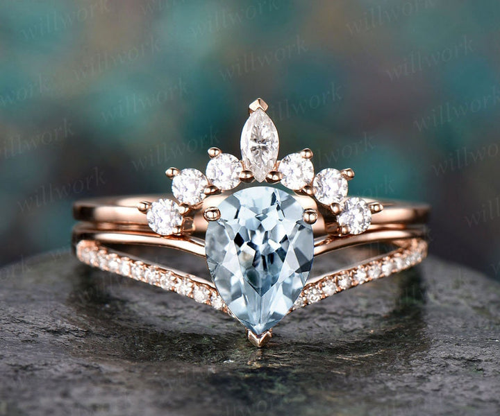2pc aquamarine engagement ring set rose gold diamond ring split shank moissanite band vintage stack crown wedding bridal promise ring set