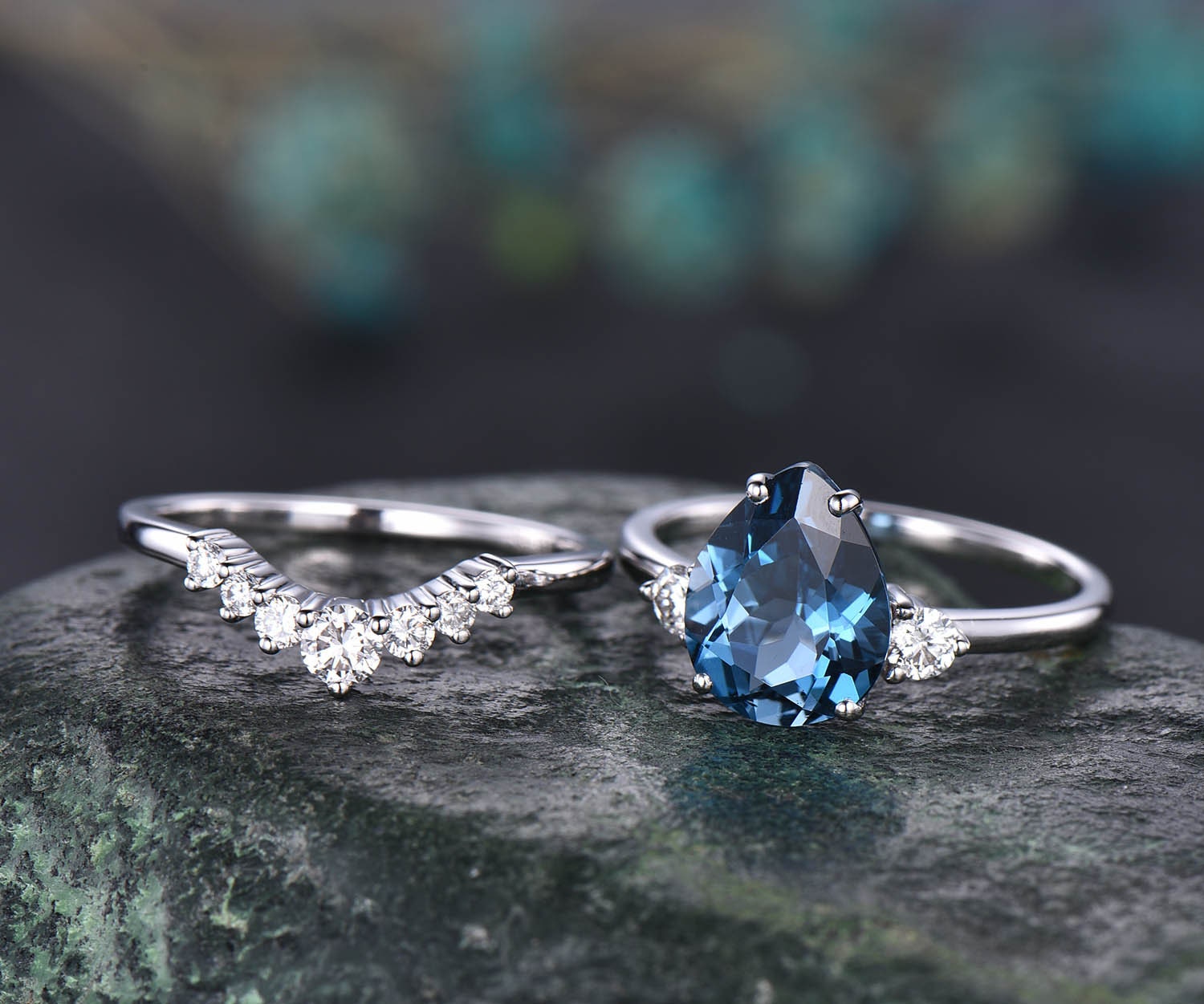 Halo Pear Blue Topaz retailer Ring Set/Silver Natural Topaz Engagement Ring/ 7*9 mm Blue Topaz Ring Set Anniversary Ring