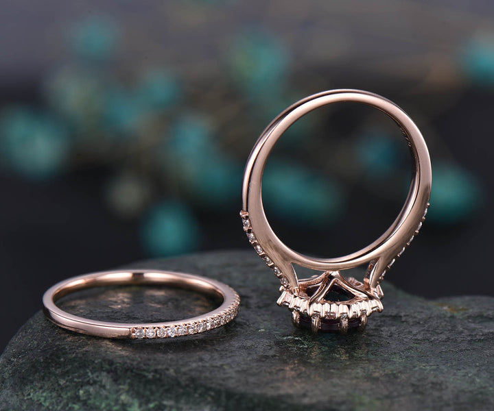 Round alexandrite engagement ring set rose gold moissanite halo unique vintage engagement ring diamond anniversary wedding ring set gifts
