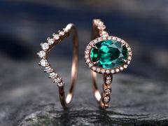 2pcs emerald bridal ring set green emerald engagement ring set rose gold marquise diamond halo ring moissanite crown wedding ring band gift