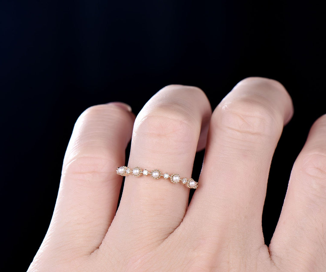 Fresh water pearl ring moissanite wedding band unique pearl ring stackable matching ring white/yellow/rose gold wedding anniversary gift