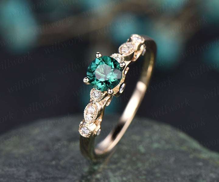 Rose gold ring 5mm green emerald ring vintage emerald engagement ring 14k rose gold diamond ring unique design antique may birthstone ring