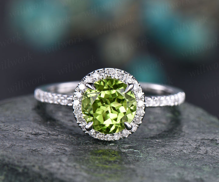 Green natural Peridot engagement ring-Solid 14k Rose gold-handmade Diamond Bridal ring-Stacking band-Round  promise ring diamond halo ring