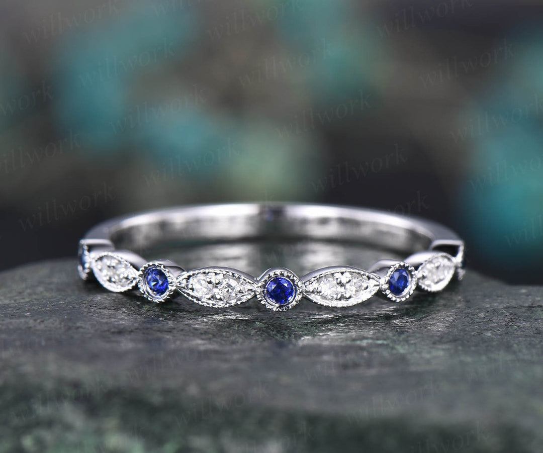 Art deco natural sapphire ring rose gold women marquise ring setting Milgrain vintage diamond wedding ring band September birthstone ring