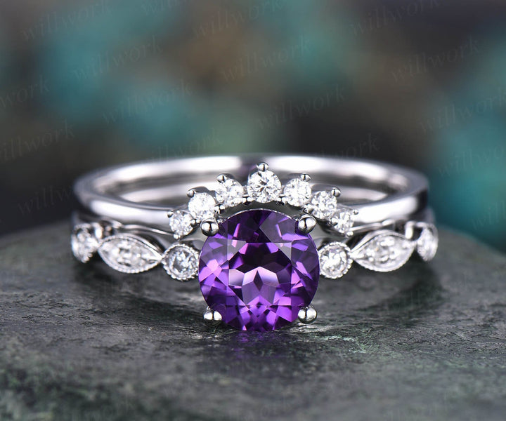 Amethyst  engagement ring set rose gold amethyst ring vintage marquise diamond ring crown matching stacking wedding promise bridal ring set