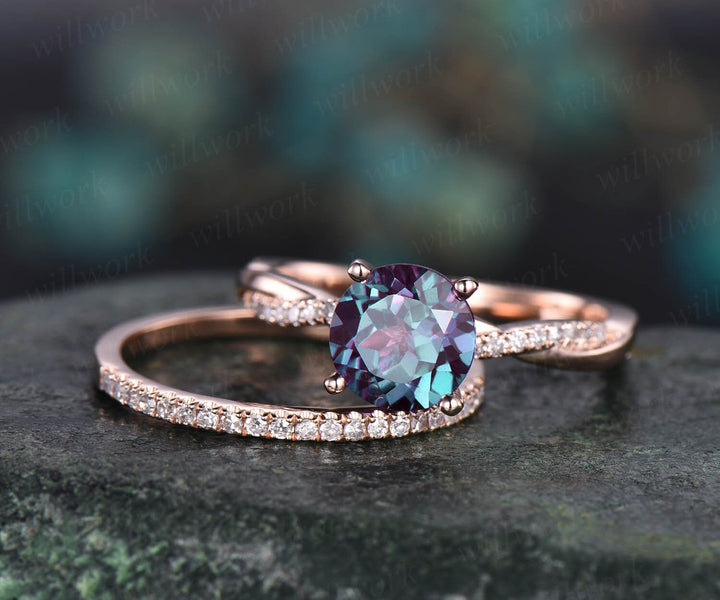 2pcs diamond ring Alexandrite engagement ring set rose gold twisted 3/4 eternity Alexandrite ring vintage wedding bridal set unique jewelry