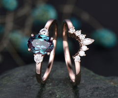 Unique vintage oval cut Alexandrite engagement ring set 14k rose gold Minimalist three stone moissanite bridal wedding ring set for women