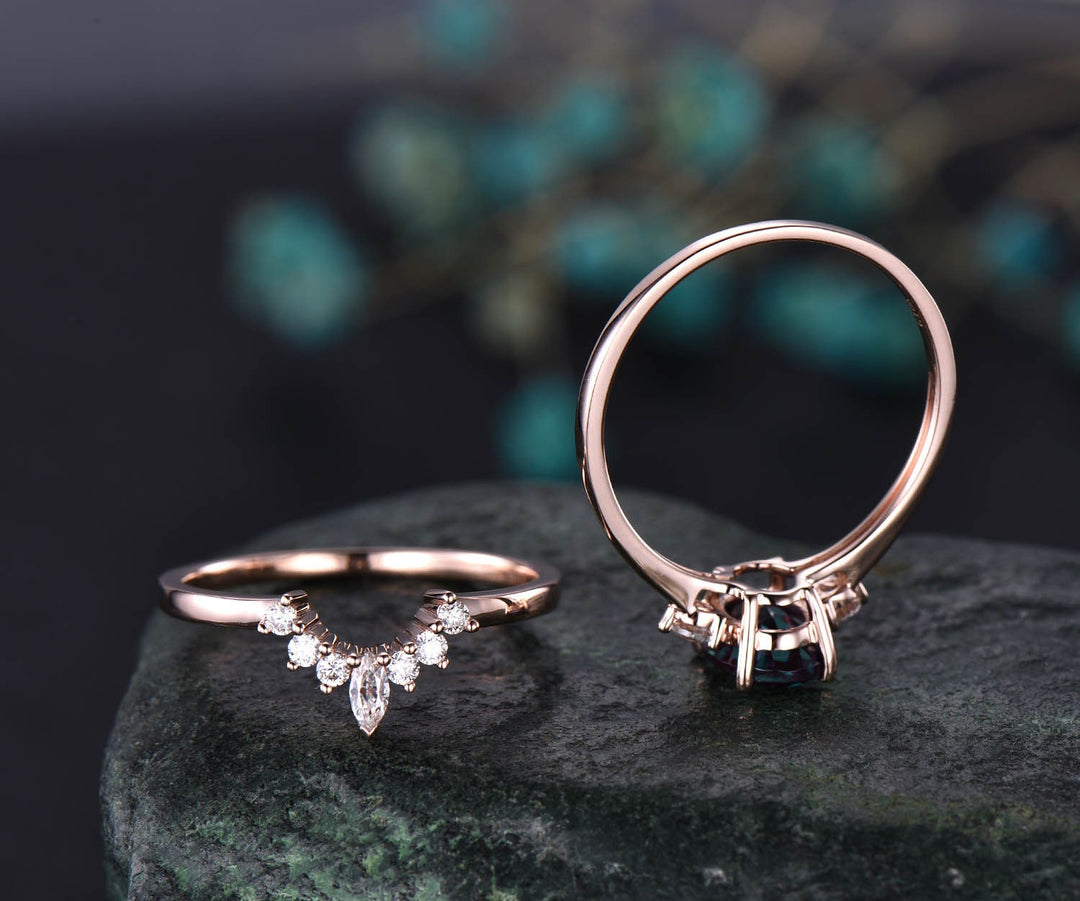 Unique vintage oval cut Alexandrite engagement ring set 14k rose gold Minimalist three stone moissanite bridal wedding ring set for women