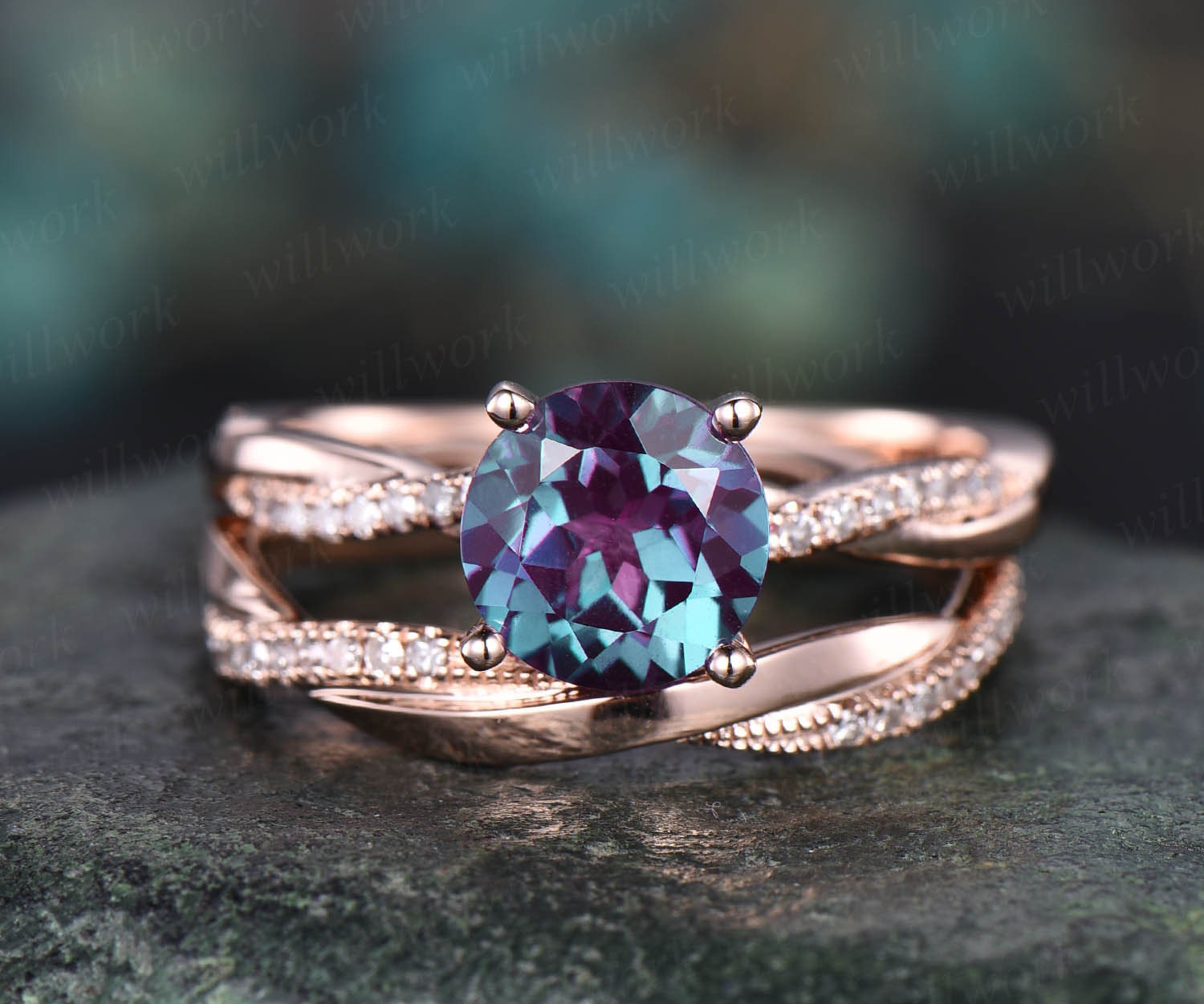 Unique alexandrite buy engagement ring alexandrite wedding ring 14k rose gold diamond eternity band women promise bridal anniversary gift