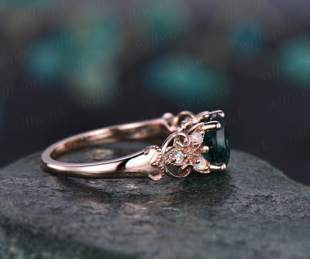 Unique vintage Alexandrite engagement ring rose gold butterfly leaf flower ring milgrain diamond opal ring women unique wedding ring jewelry