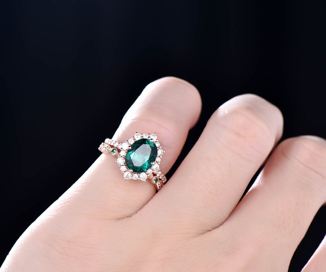 7x9mm oval green emerald engagement ring set rose gold moissanite halo May birthstone 2pcs natural emerald diamond wedding bridal ring set