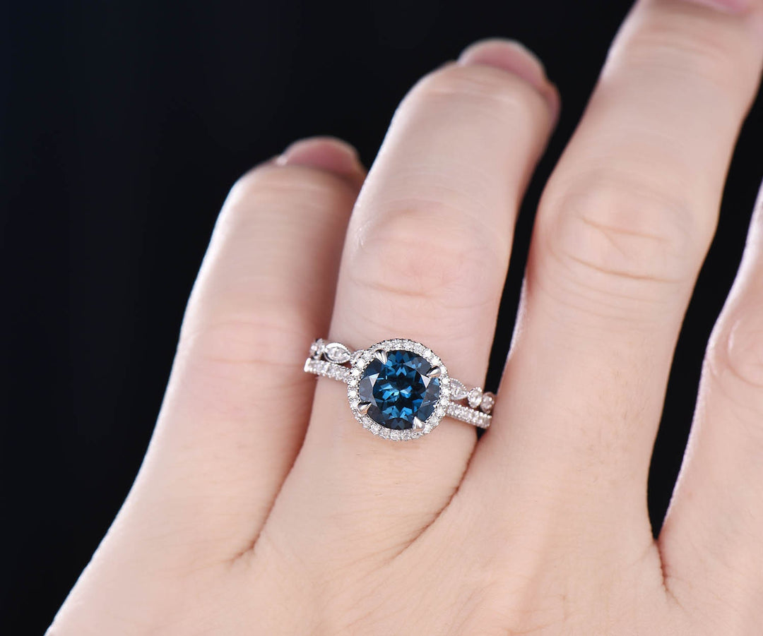 London blue topaz engagement ring set solid 14k rose gold diamond halo ring art deco full eternity matching wedding ring band 2pcs jewelry